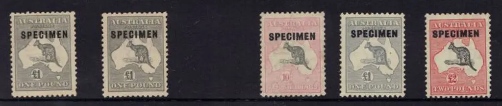 Specimens 1923/4 £1 Grey MLH x 2 & 1931/6 10/- ... Image 1++