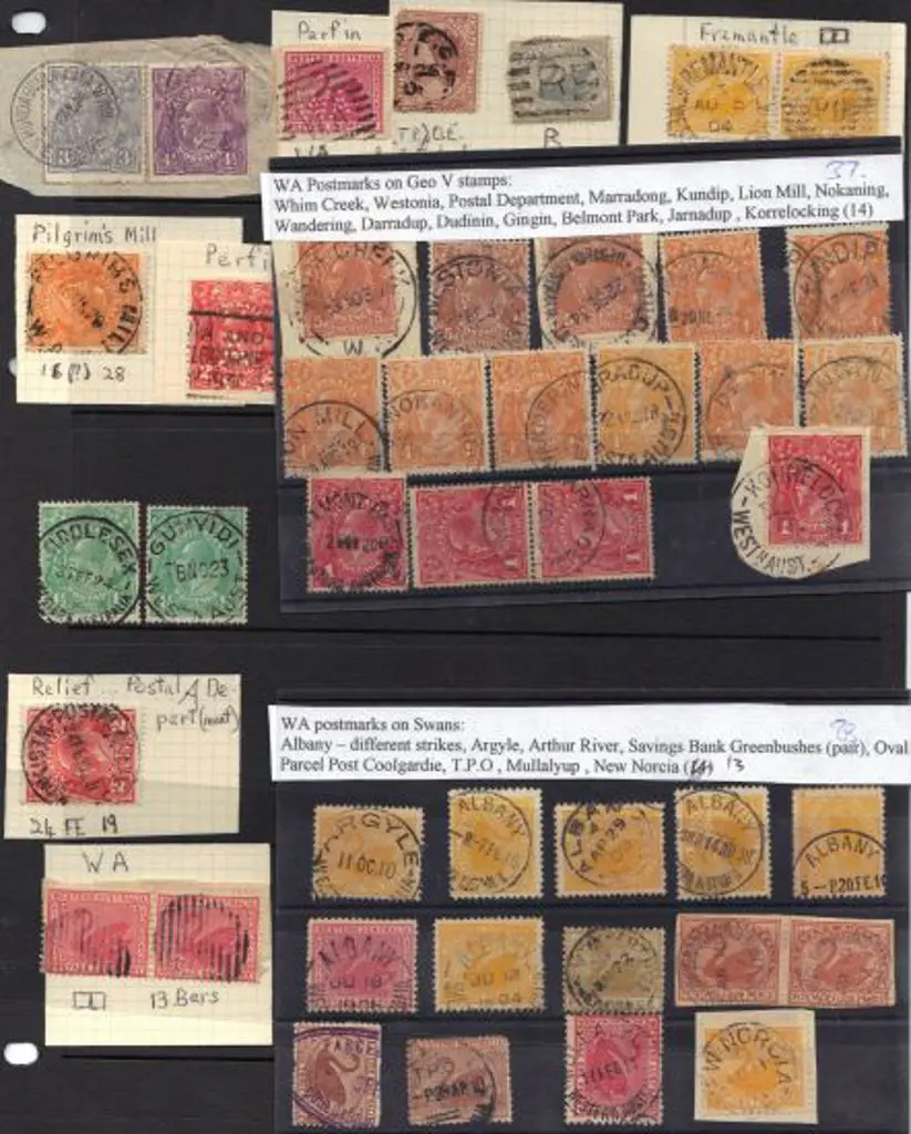 Western Australia Postmarks on Swans & KGV heads ... Image 1++