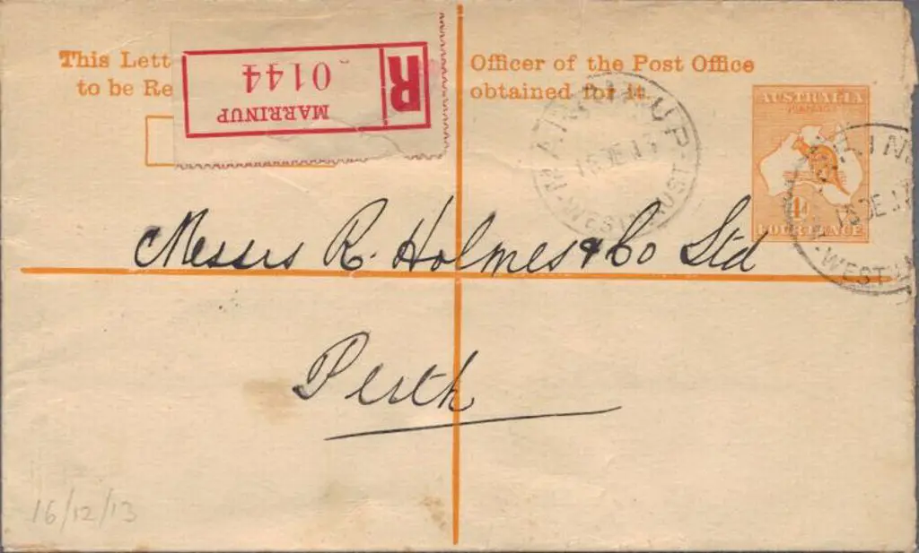 1913 16th Dec) 4d kangaroo registered envelope ... Image 1++