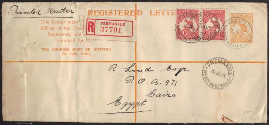 1914 (16th June) 4d orange kangaroo long envelope ... Image 1++