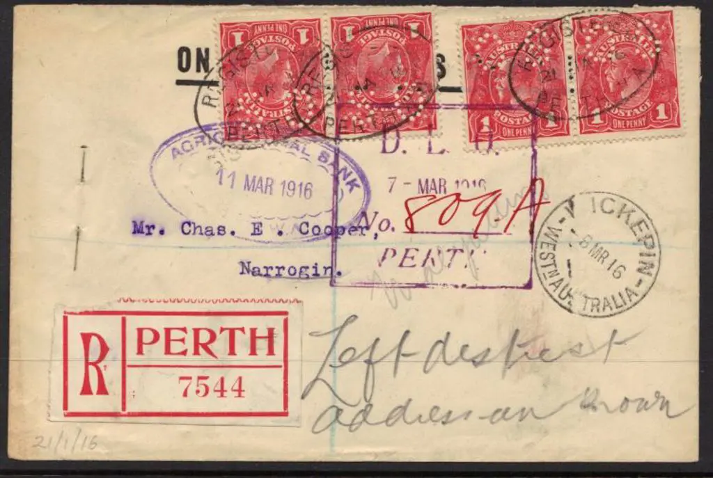 1916 (21st Jan) Reg cover addressed to Narrogin ... Image 1++