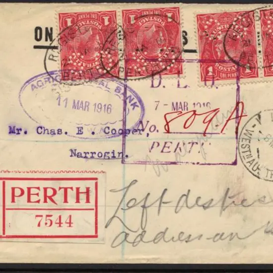 1916 (21st Jan) Reg cover addressed to Narrogin ...
