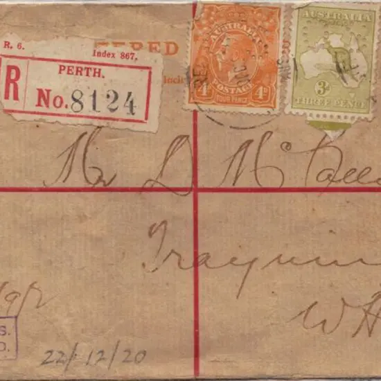 1920 (22nd Dec) 4d KGV Registered letter uprated ...
