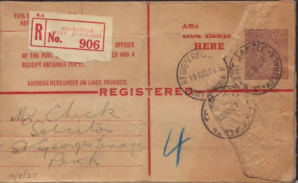1927 (19th Aug) 4½d KGV Registered envelope (RE17) ... Image 1++