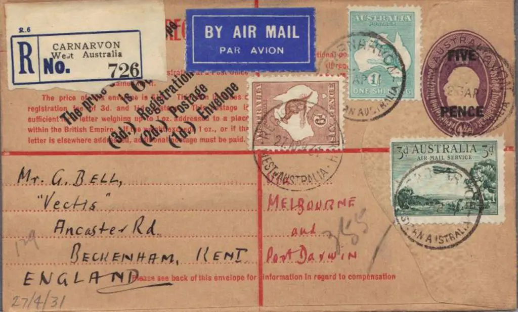 1930 5d on 4½d KGV provisional envelope (RE23) to ... Image 1++