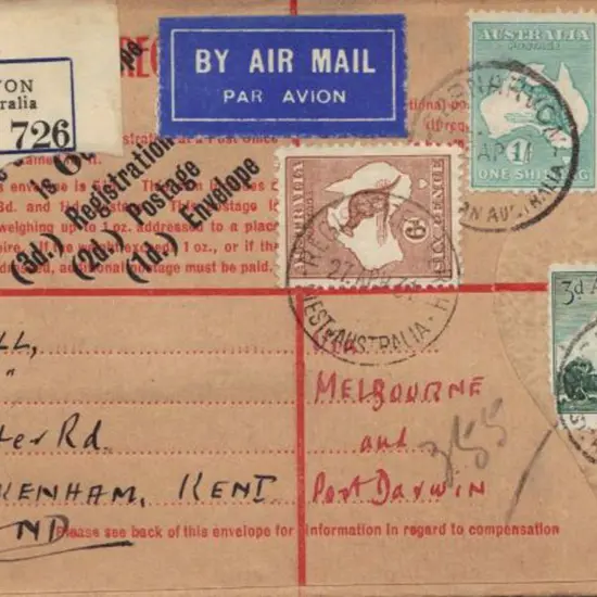 1930 5d on 4½d KGV provisional envelope (RE23) to ...