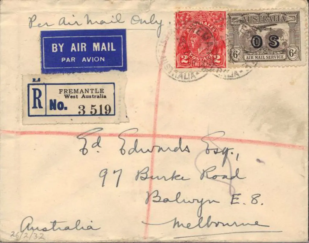 1932 (26th Feb) Airmail cover Fremantle to ... Image 1++
