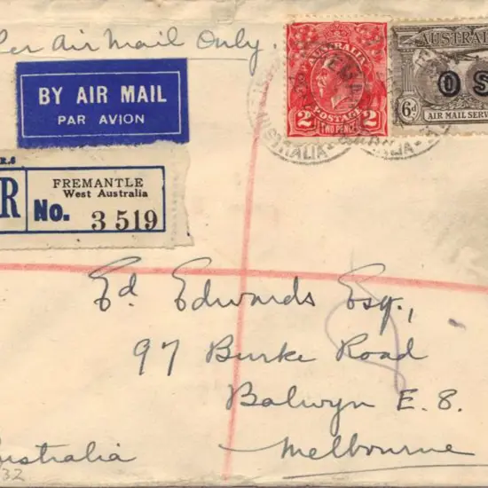 1932 (26th Feb) Airmail cover Fremantle to ...