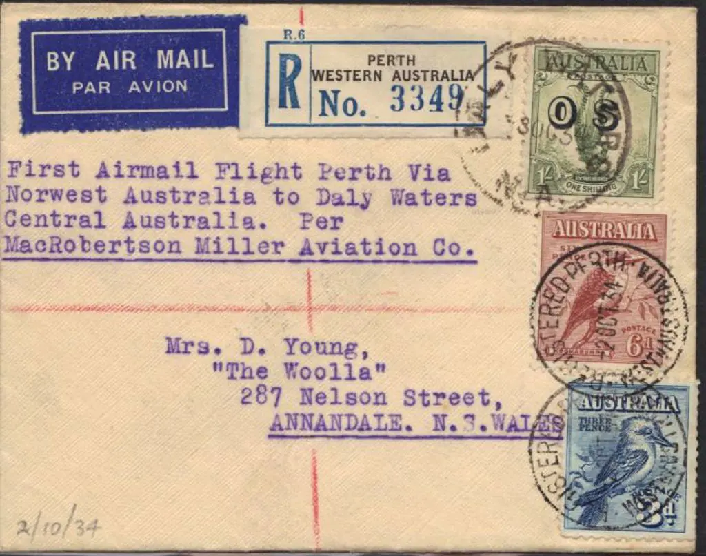 1934 (2nd Oct) Reg'd First Flight Cover Perth to ... Image 1++