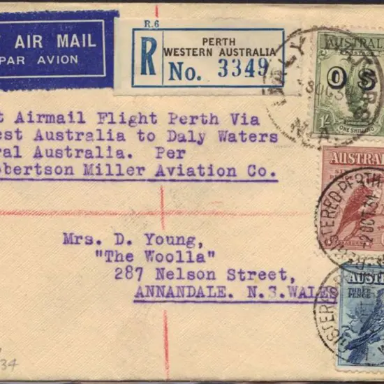 1934 (2nd Oct) Reg'd First Flight Cover Perth to ...