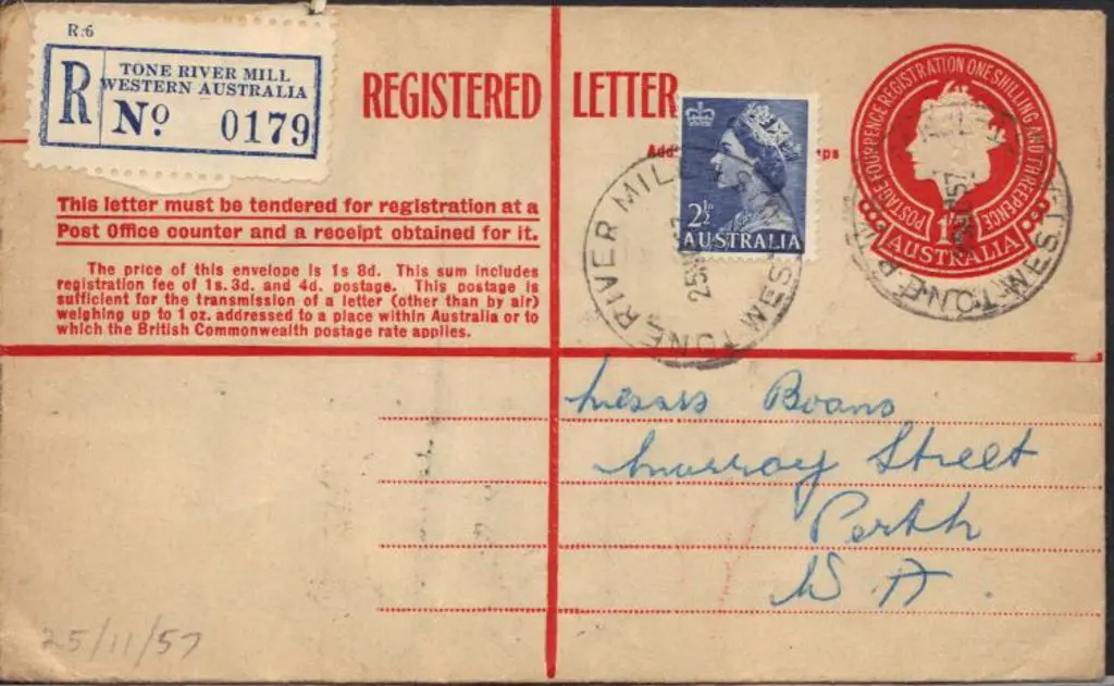 1957 (25th Nov) 1/7d reg letter uprated with 2½d ... Image 1++