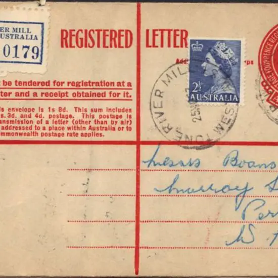 1957 (25th Nov) 1/7d reg letter uprated with 2½d ...