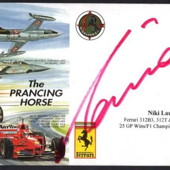 Niki Lauda Bold signature in red on 1998 Ferrari ...