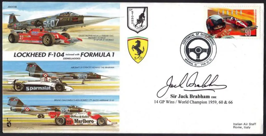 Sir Jack Brabham signed 1998 Canada pmkd Ferrari, ... Image 1++