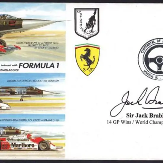 Sir Jack Brabham signed 1998 Canada pmkd Ferrari, ...