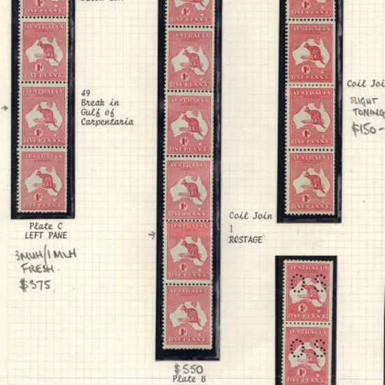 1d red Die I Plate C left pane strip of 4 showing ...