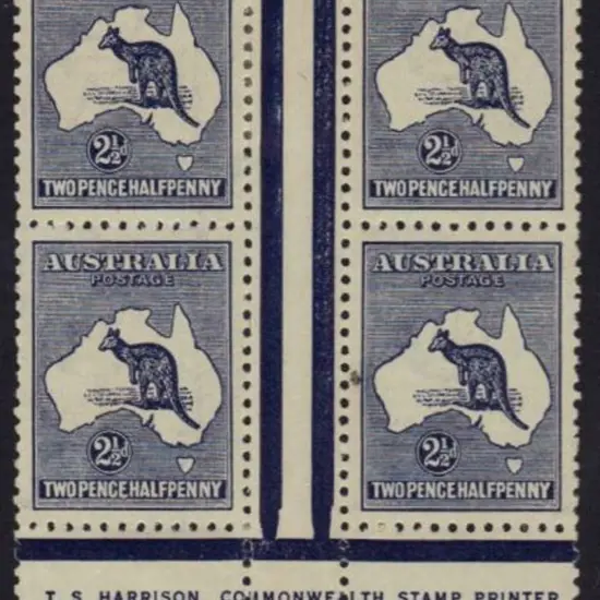 2½d indigo Harrison one line imprint block of 4. ...