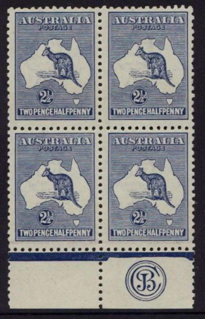 2½d blue JBC Monogram block of 4 Plate 1. MUH but ... Image 1++