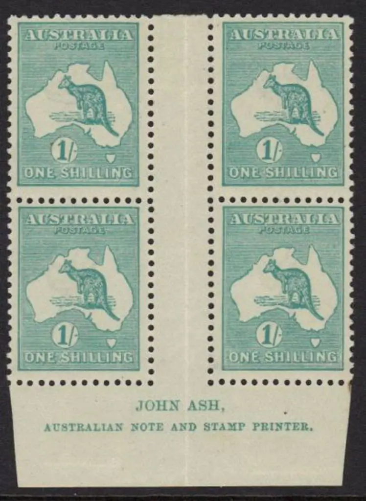 1/- blue-green John Ash imprint gutter block of 4 ... Image 1++