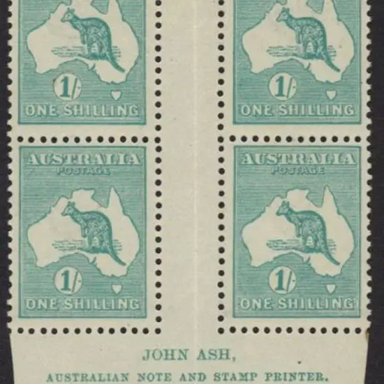 1/- blue-green John Ash imprint gutter block of 4 ...