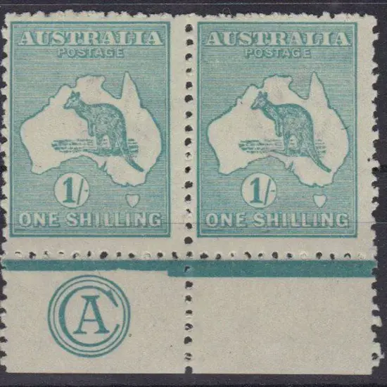 1/- blue-green CA Monogram upper plate pair MLH. ...