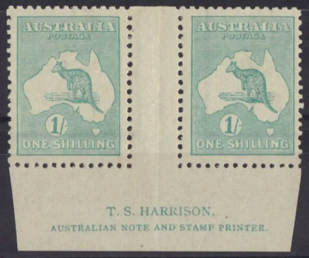 1/- blue-green TS Harrison imprint pair. Hinge ... Image 1++