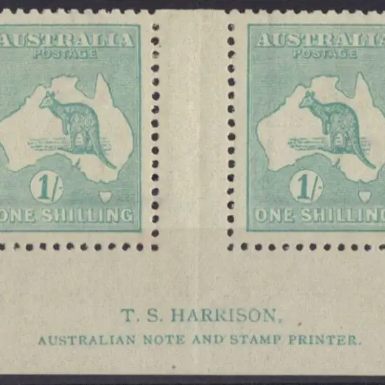 1/- blue-green TS Harrison imprint pair. Hinge ...