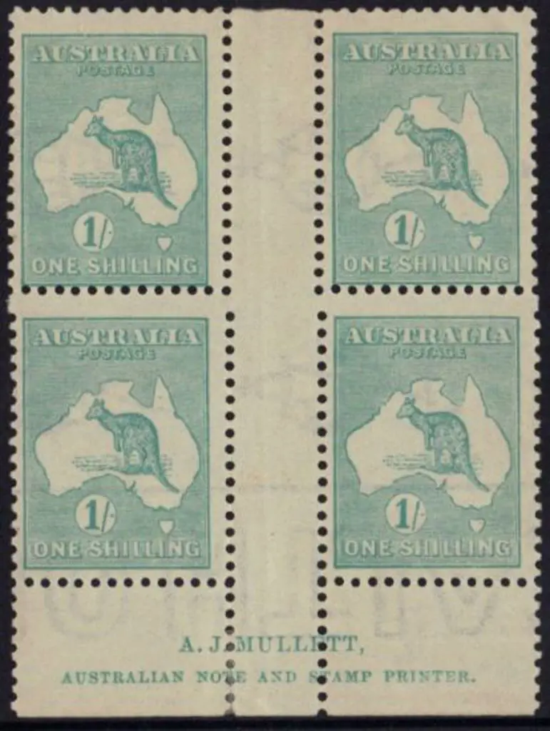1/- blue green AJ Mullett imprint block of 4  with ... Image 1++