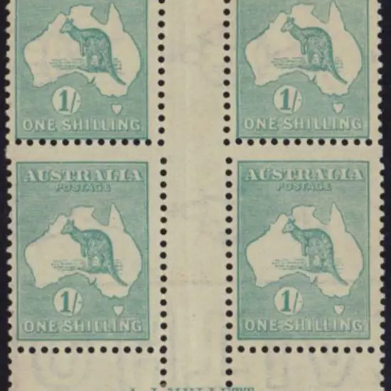 1/- blue green AJ Mullett imprint block of 4  with ...
