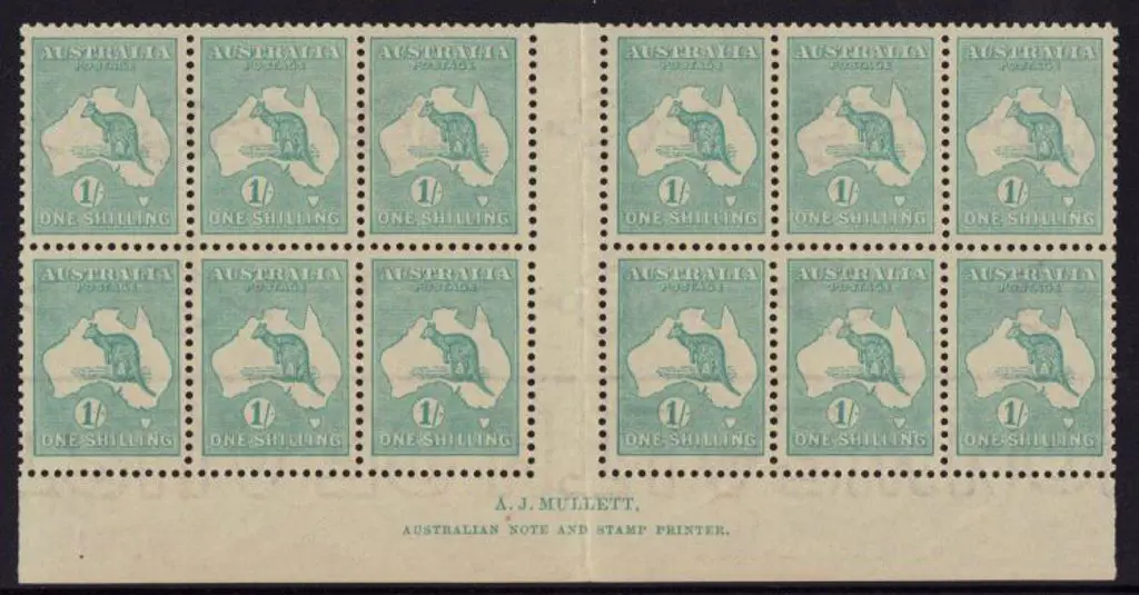 1/- blue-green Mullett imprint gutter block of 12 ... Image 1++