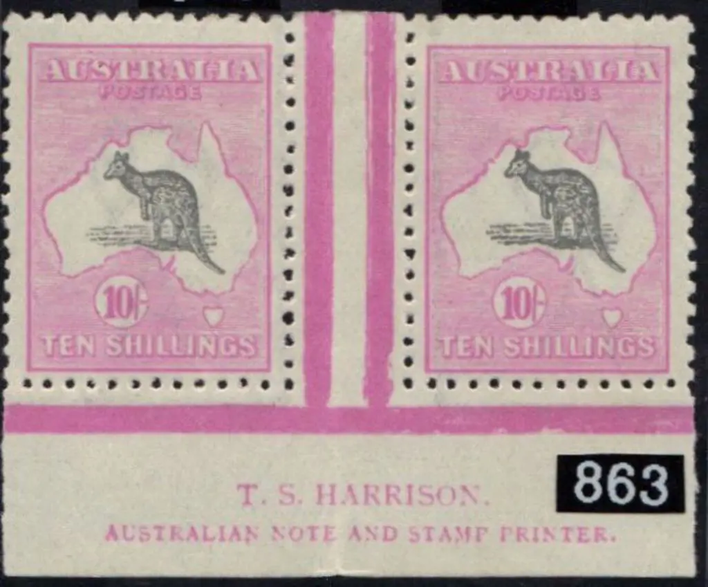 10/- grey & bright aniline pink TS Harrison ... Image 1++