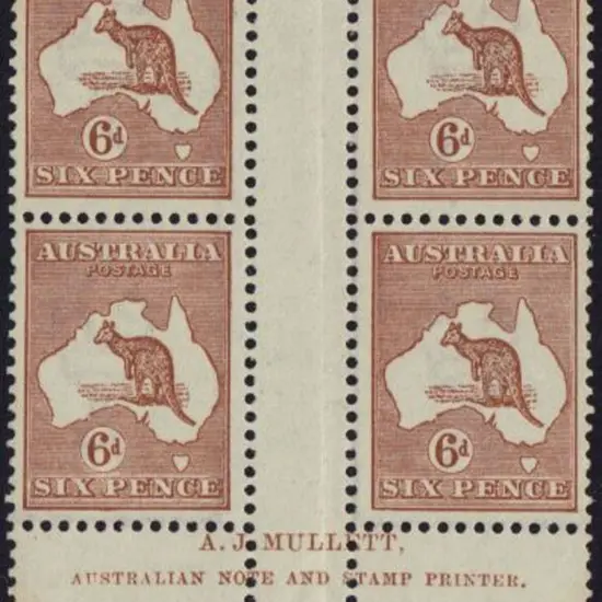6d chestnut Mullett gutter imprint block of 4. ...