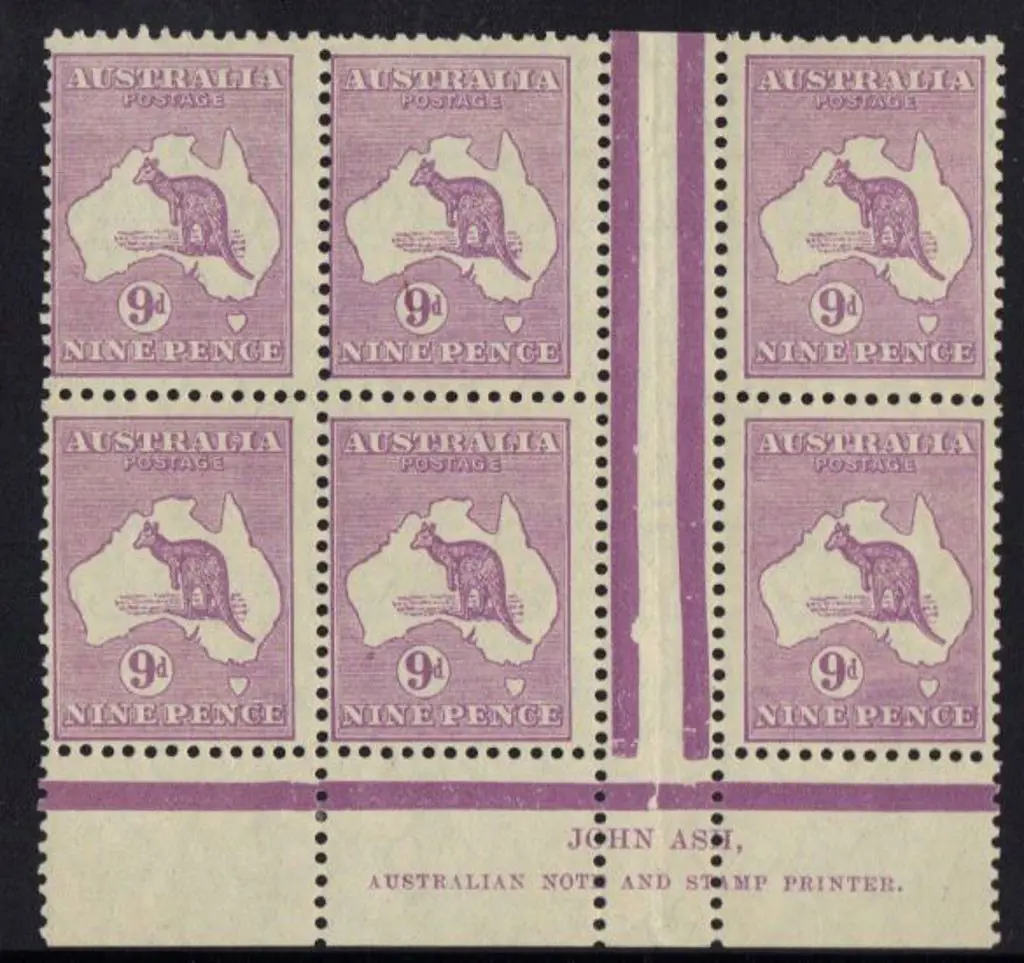 9d violet John Ash imprint gutter block of 6 ... Image 1++