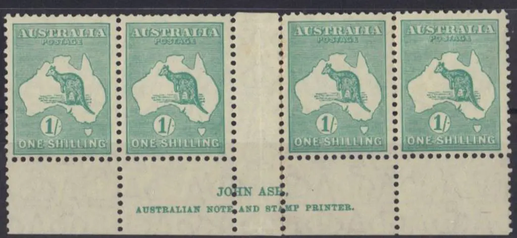 1/- blue-green John Ash imprint strip of 4. Bottom ... Image 1++