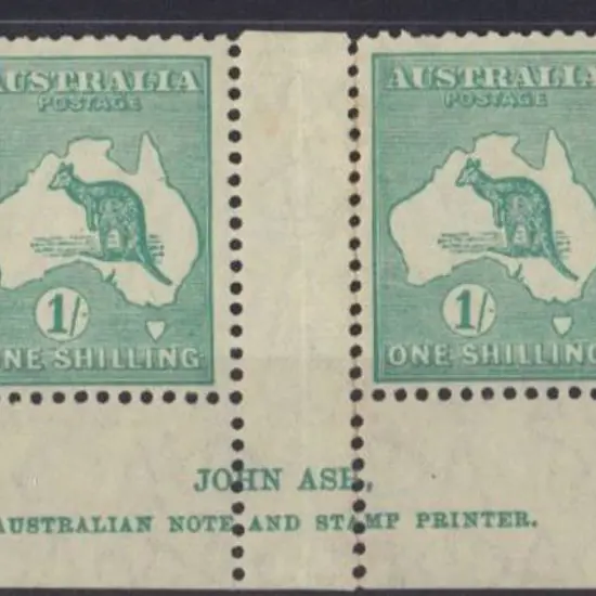 1/- blue-green John Ash imprint strip of 4. Bottom ...