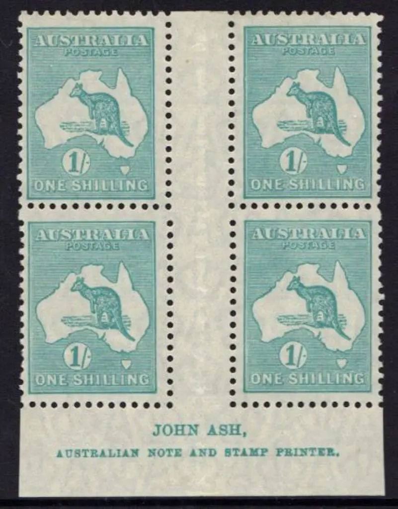 1/- blue-green John Ash imprint block of 4. 2 ... Image 1++