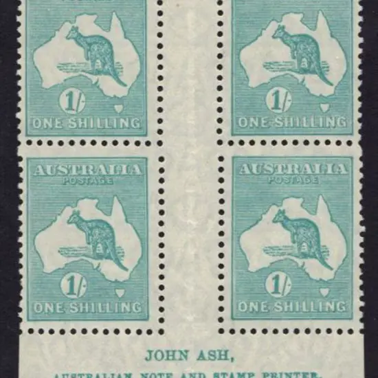 1/- blue-green John Ash imprint block of 4. 2 ...