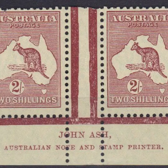 2/- maroon John Ash imprint pair MLH. Pulled perf ...
