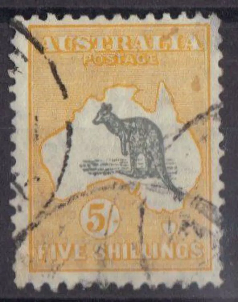 5/- grey & yellow good used with 3 overlapping cds ... Image 1++