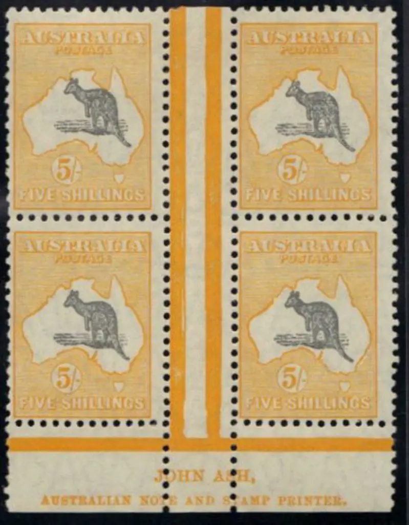5/- grey & yellow John Ash imprint block of 4. ... Image 1++