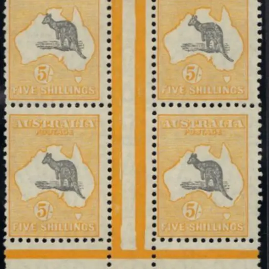 5/- grey & yellow John Ash imprint block of 4. ...