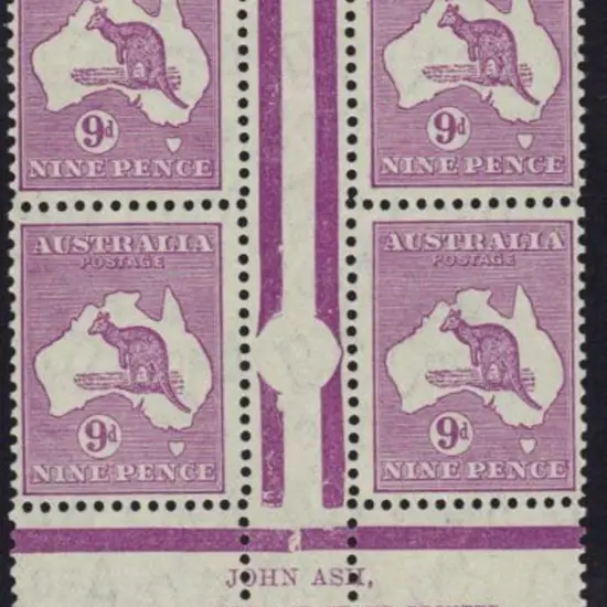 9d violet John Ash imprint gutter block of 4. Top ...