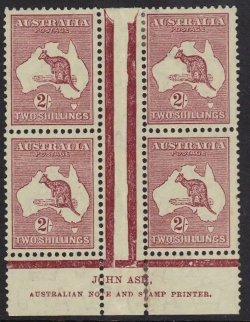 2/- maroon John Ash imprint gutter block of 4. ... Image 1++