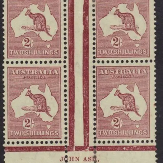 2/- maroon John Ash imprint gutter block of 4. ...