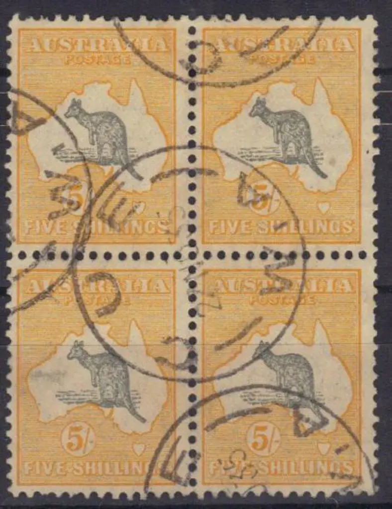 5/- grey & yellow superb used block of 4 with neat ... Image 1++