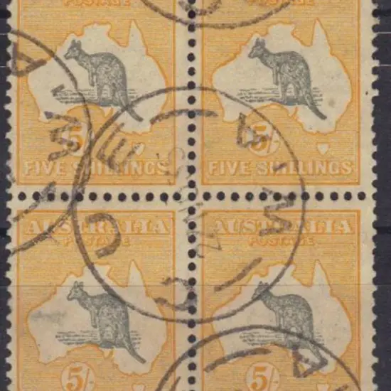 5/- grey & yellow superb used block of 4 with neat ...