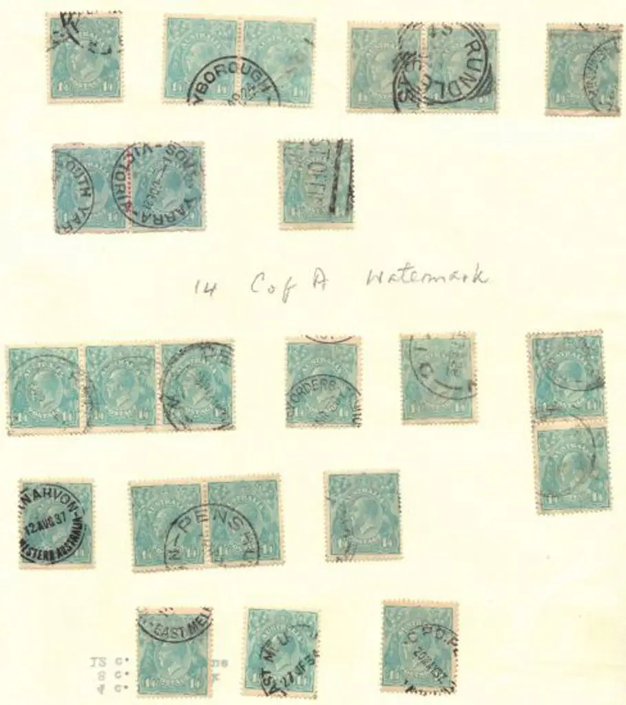 1/4d turquoise used x 9 incl 3 pairs plus CofA wmk ... Image 1++