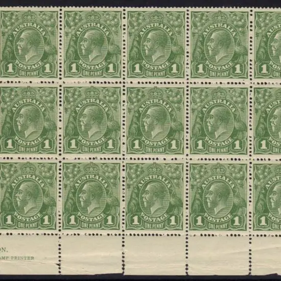 1924 No watermark 1d green right pane block of 15 ...