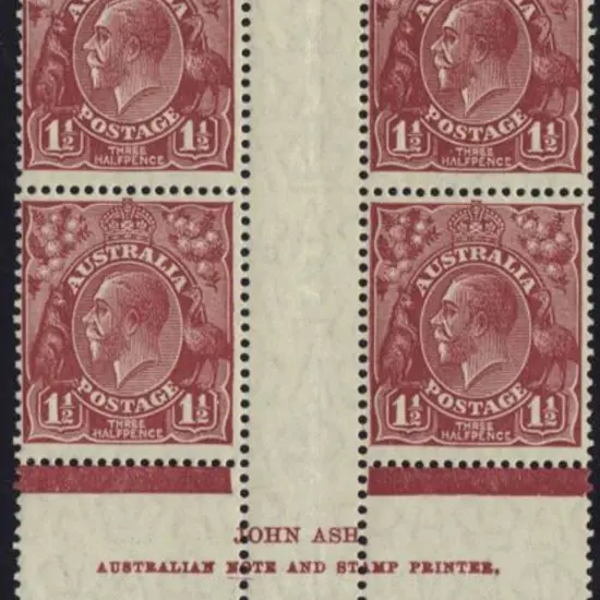 1½d brown John Ash imprint block with "N" over ...