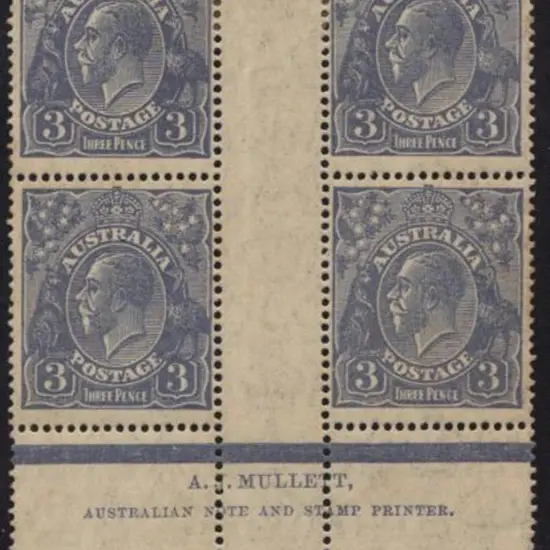 3d blue in A. Mullett imprint block of 4 with the ...